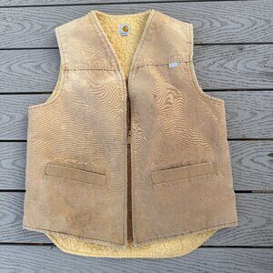 Vintage Carhartt 6SVT Vest Mens L Tall Duck Canvas Sherpa Lined Zip Distressed